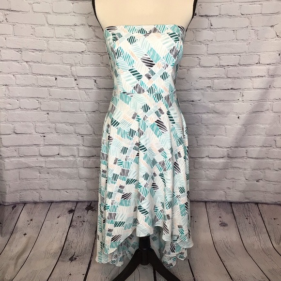 White House Black Market Fit Flare High-Low Teal Print Dress 2 - Picture 1 of 15